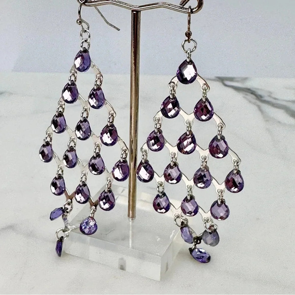 Chandelier Earrings Purple Dangle Gems Faceted Silver-tone Periwinkle 3”… - Picture 5 of 11
